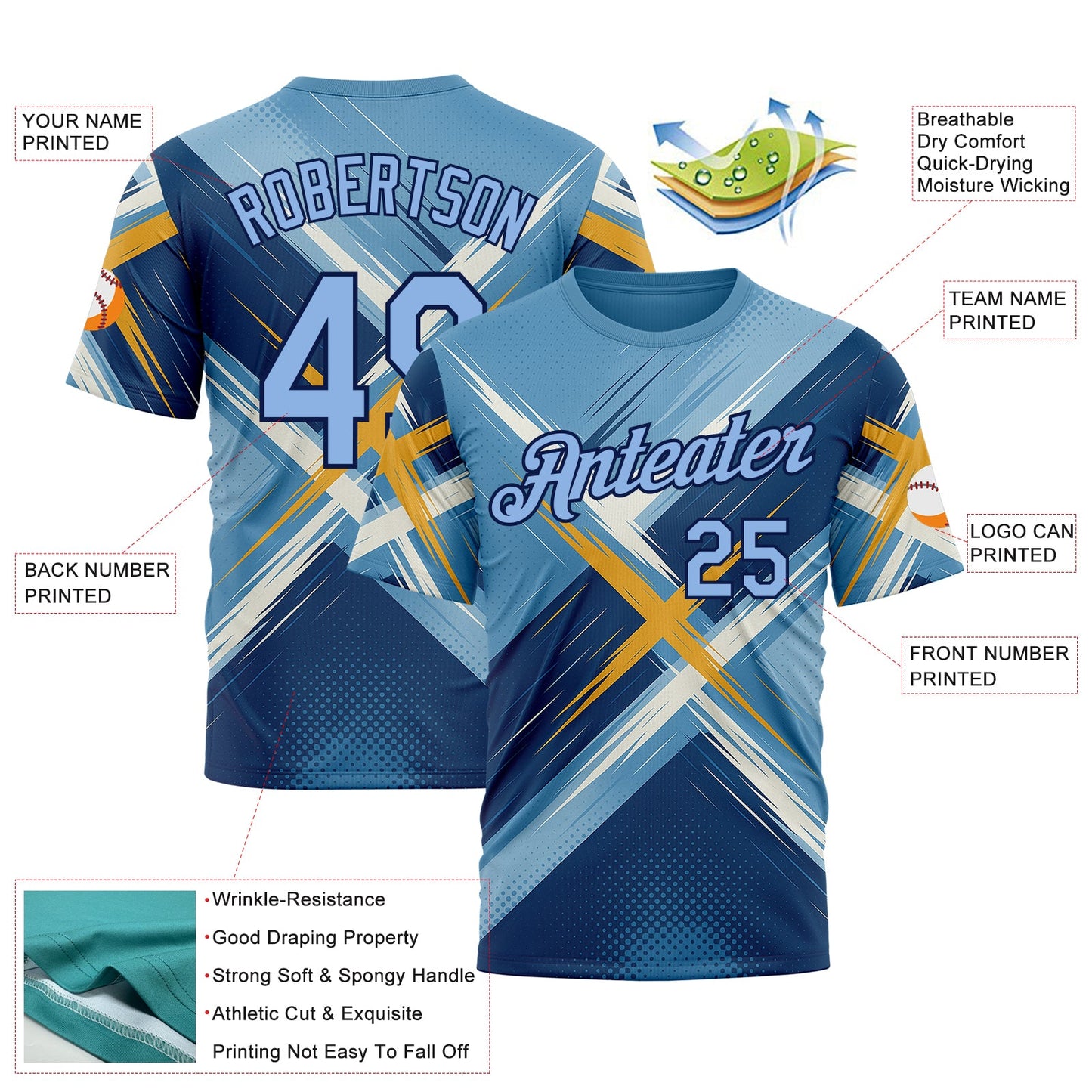 Custom Blue Light Blue-Navy 3D Pattern Design Geometric Shape Sportswear Performance T-Shirt view 2