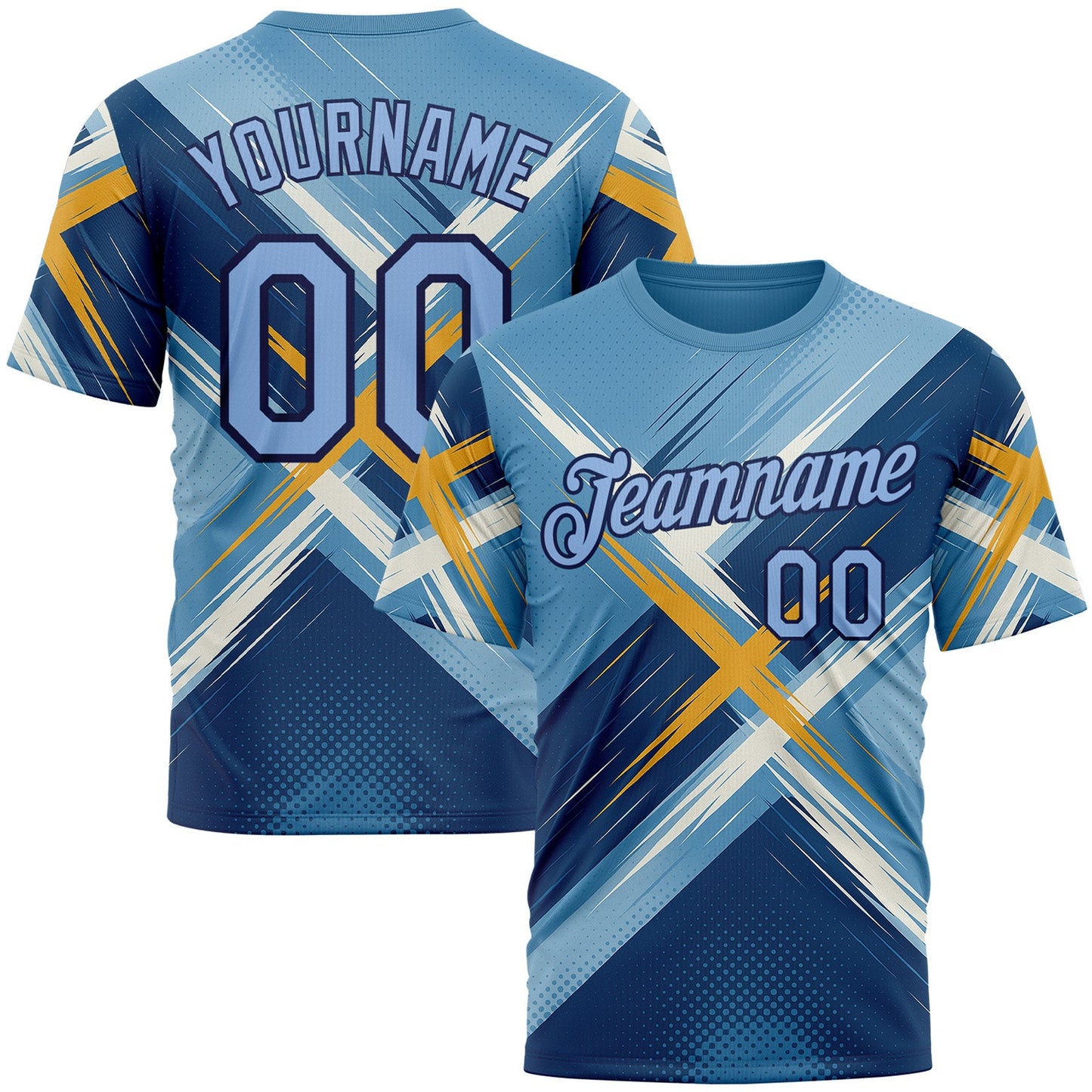 Custom Blue Light Blue-Navy 3D Pattern Design Geometric Shape Sportswear Performance T-Shirt - Main View