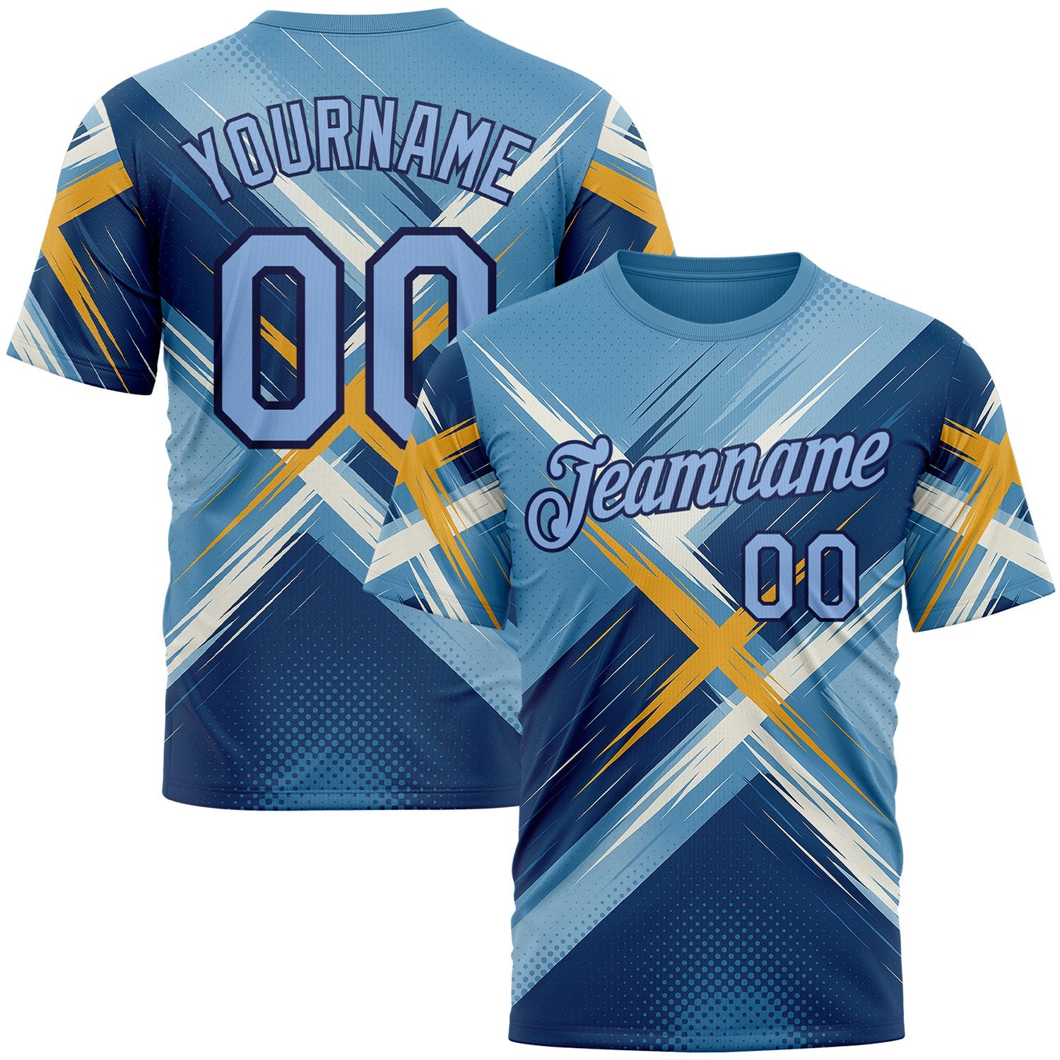 Custom Blue Light Blue-Navy 3D Pattern Design Geometric Shape Sportswear Performance T-Shirt - Main View