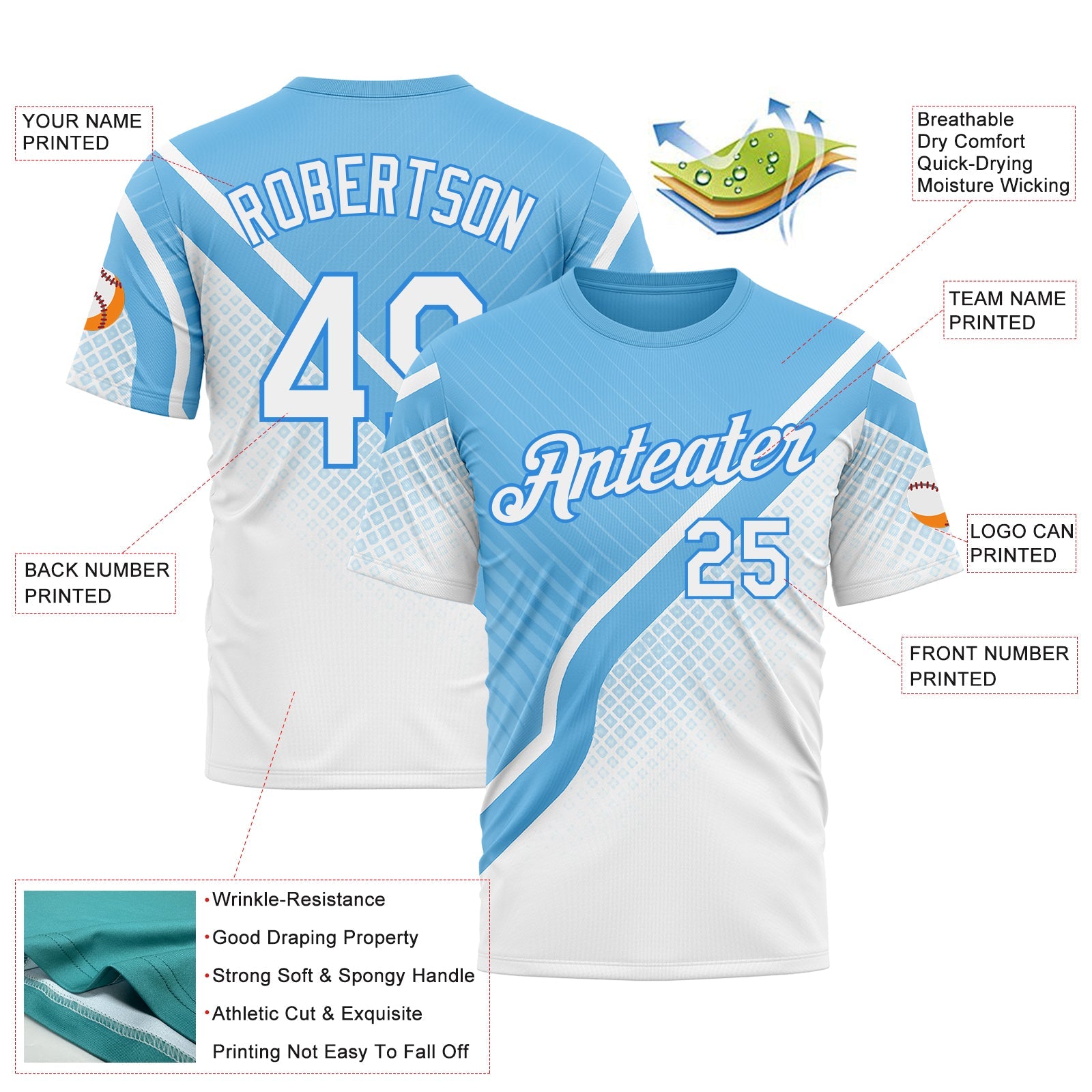 Custom Blue White-Powder Blue 3D Pattern Design Argentina Sportswear Performance T-Shirt view 2