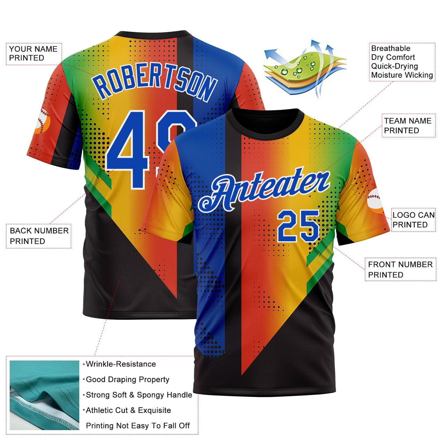 Custom Black Thunder Blue Red Yellow-Green 3D Pattern Design Gradient Africa Sportswear Performance T-Shirt view 2