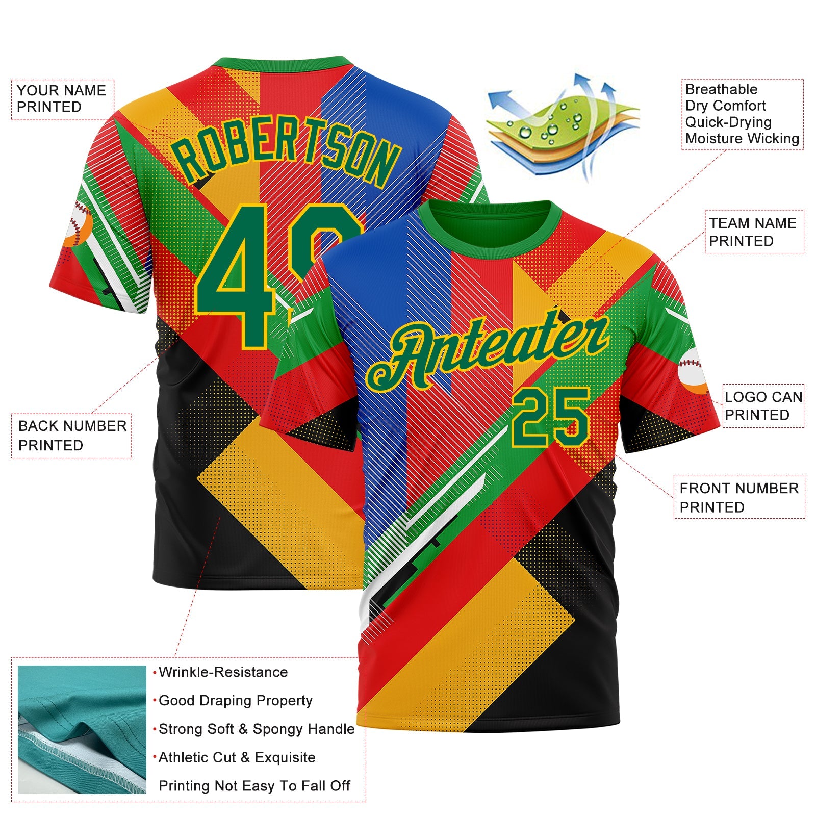 Custom Red Kelly Green Yellow Blue-Black 3D Pattern Design Africa Geometric Shape Sportswear Performance T-Shirt view 2