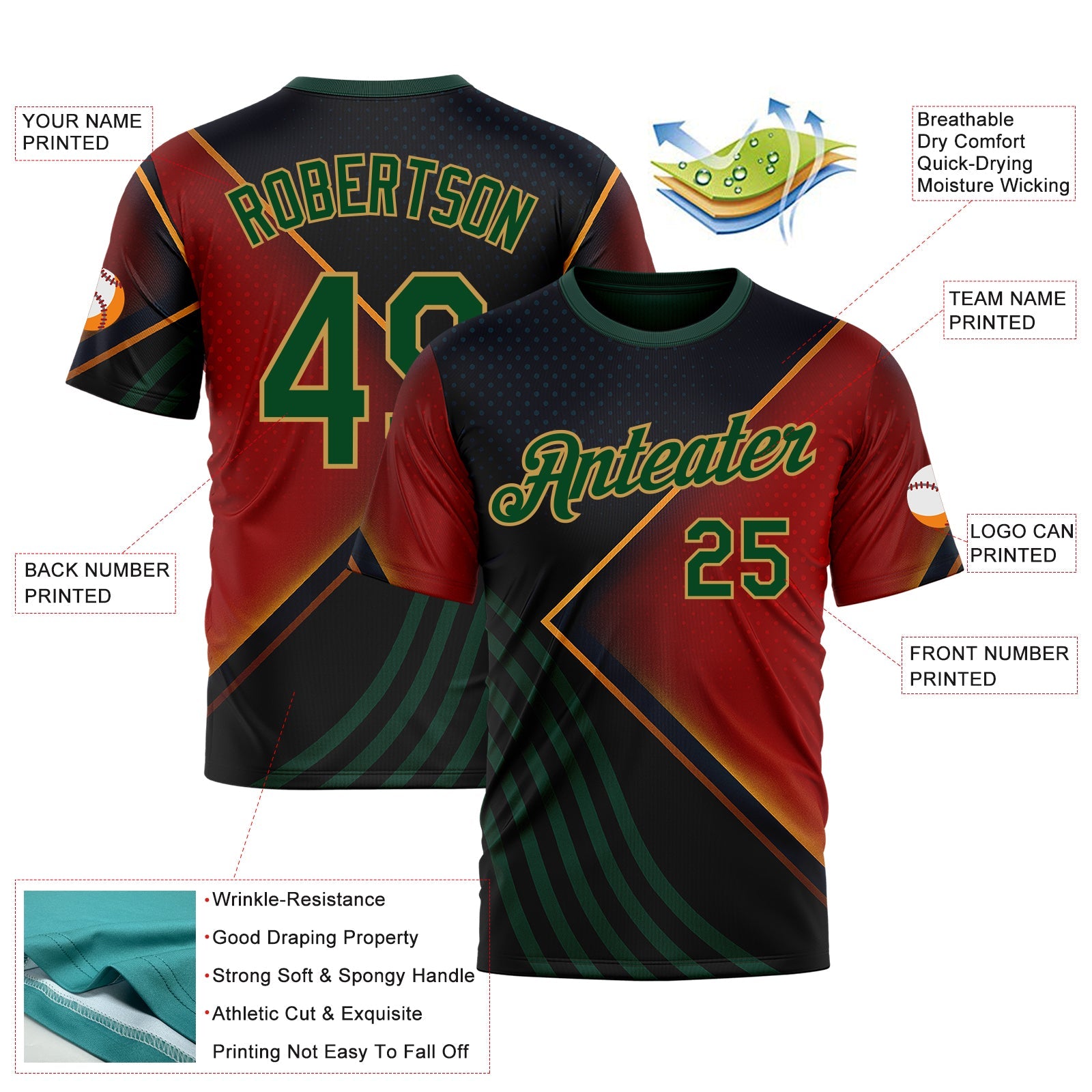 Custom Black Green Red-Old Gold 3D Pattern Design Germany Meixico Sportswear Performance T-Shirt view 2