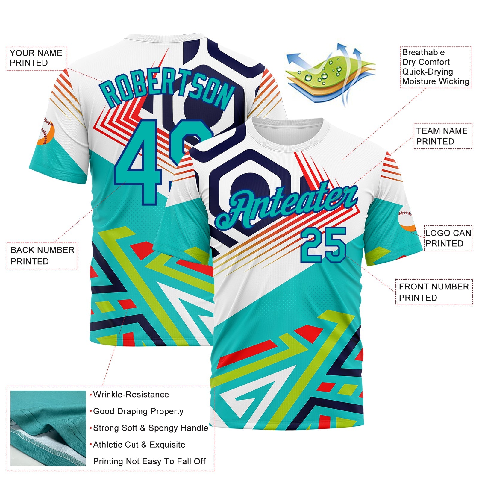 Custom White Auqa Red Green-Royal 3D Pattern Design Geometric Shape Sportswear Performance T-Shirt view 2