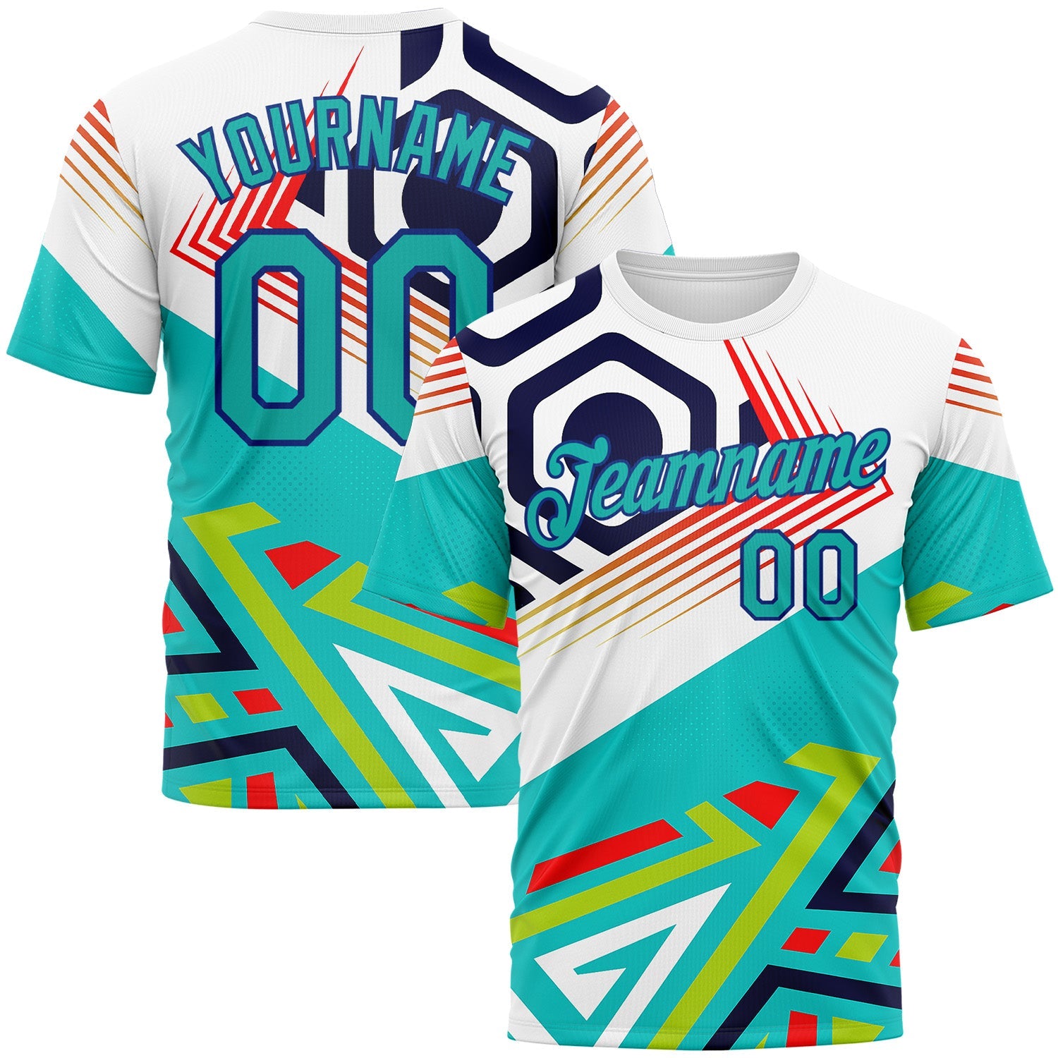 Custom White Auqa Red Green-Royal 3D Pattern Design Geometric Shape Sportswear Performance T-Shirt - Main View