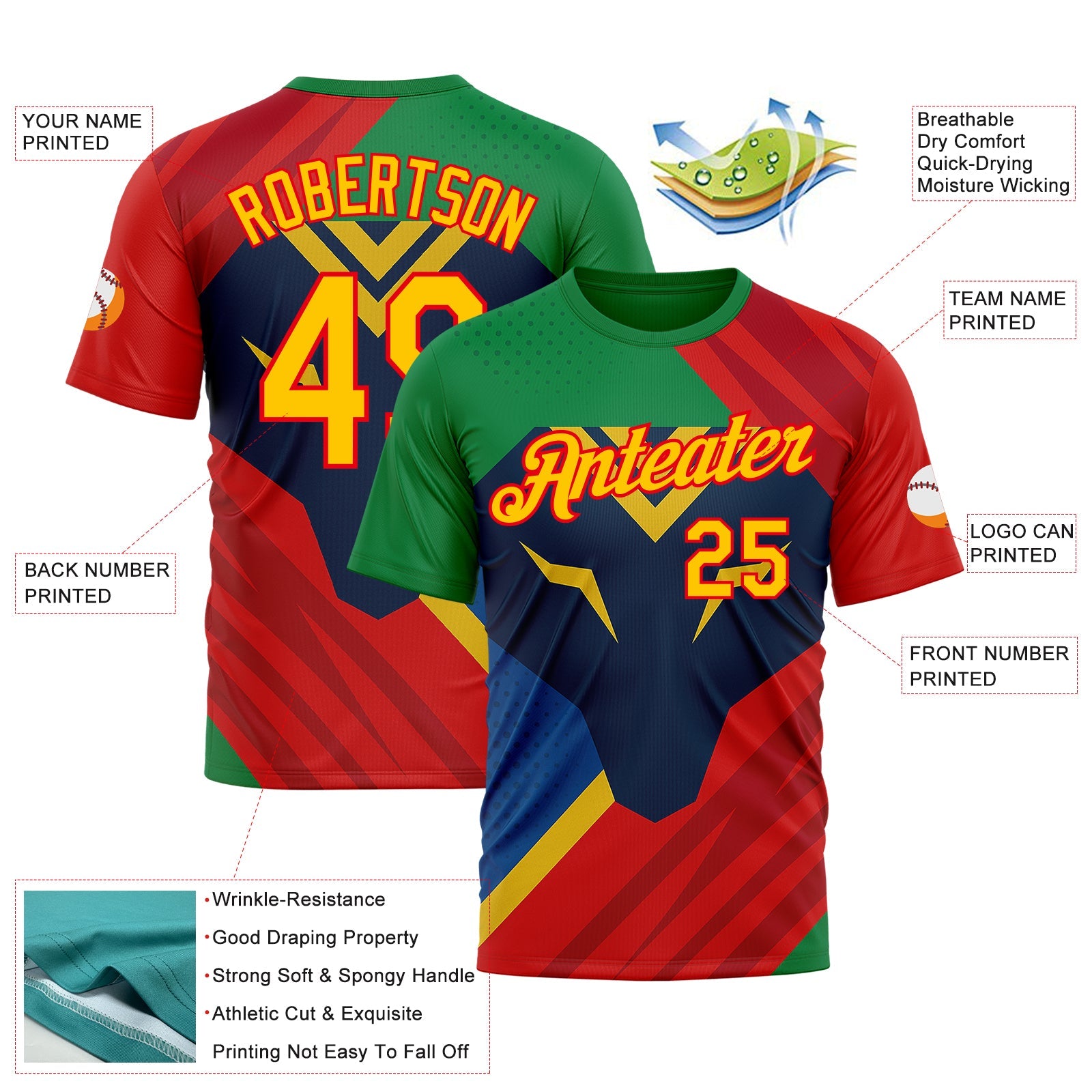 Custom Green Yellow Blue-Fire Red 3D Pattern Design Mexico Brazil Sportswear Performance T-Shirt view 2