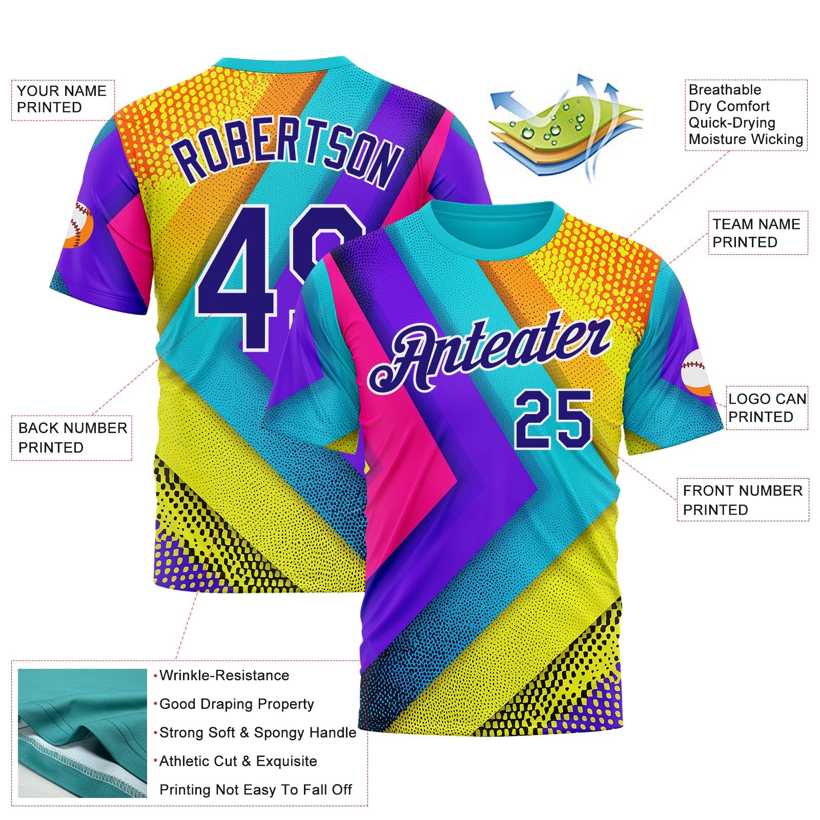 Custom Blue Dark Purple Yellow-Pink 3D Pattern Design Chromatic Geometric Shape Sportswear Performance T-Shirt view 2