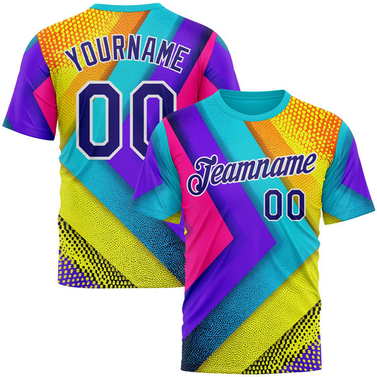 Custom Blue Dark Purple Yellow-Pink 3D Pattern Design Chromatic Geometric Shape Sportswear Performance T-Shirt - Main View