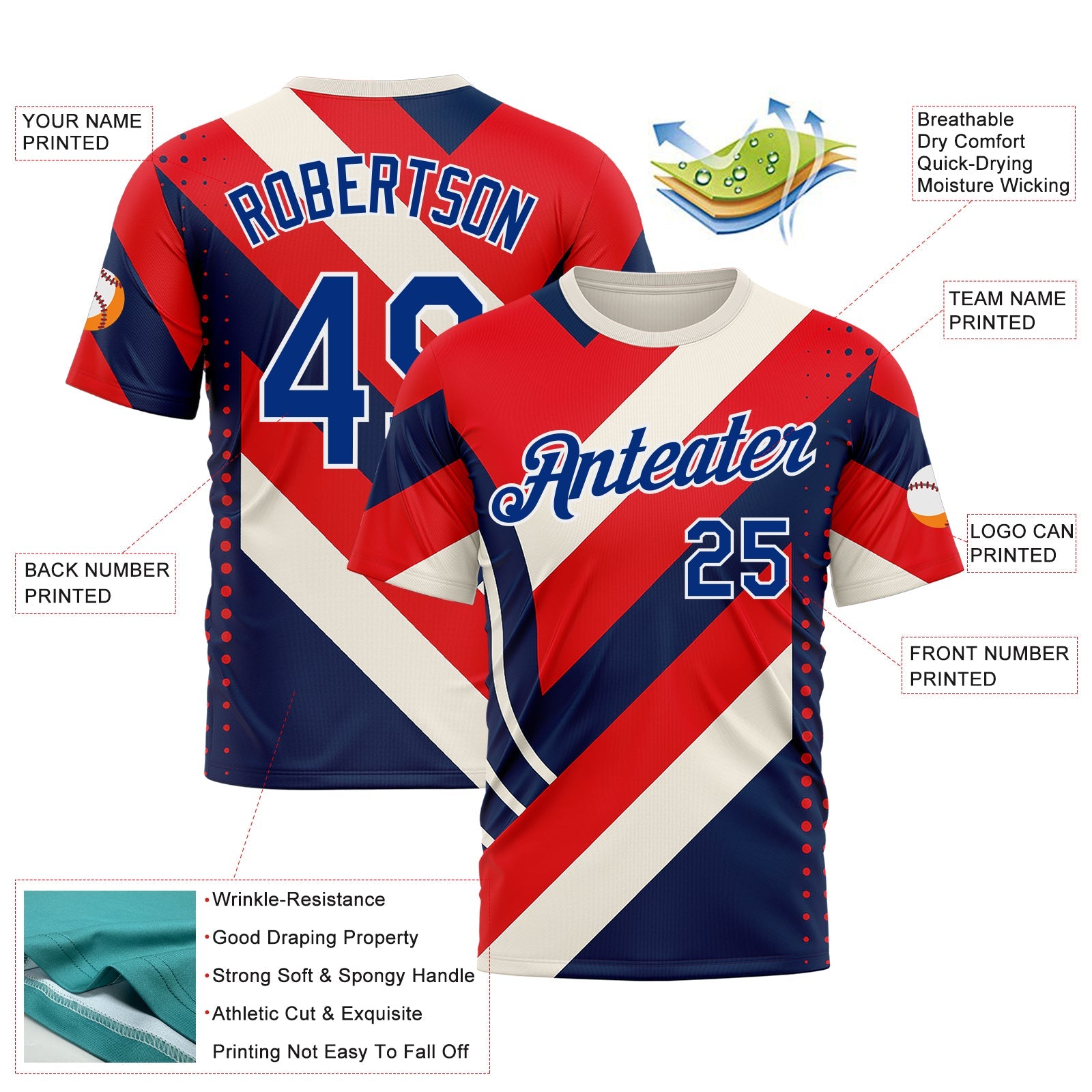 Custom Cream Royal Red Blue-White 3D Pattern Design USA Inspired America Sportswear Performance T-Shirt view 2