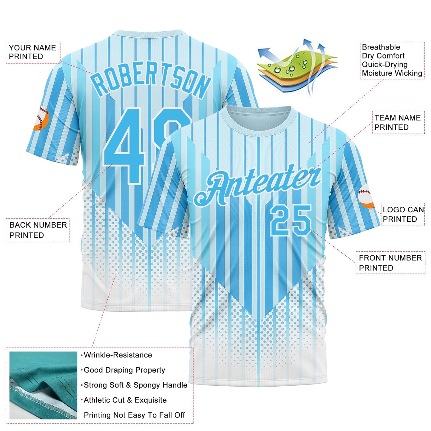 Custom Blue Sky Blue-White 3D Pattern Design Argentina Stripe Sportswear Performance T-Shirt view 2