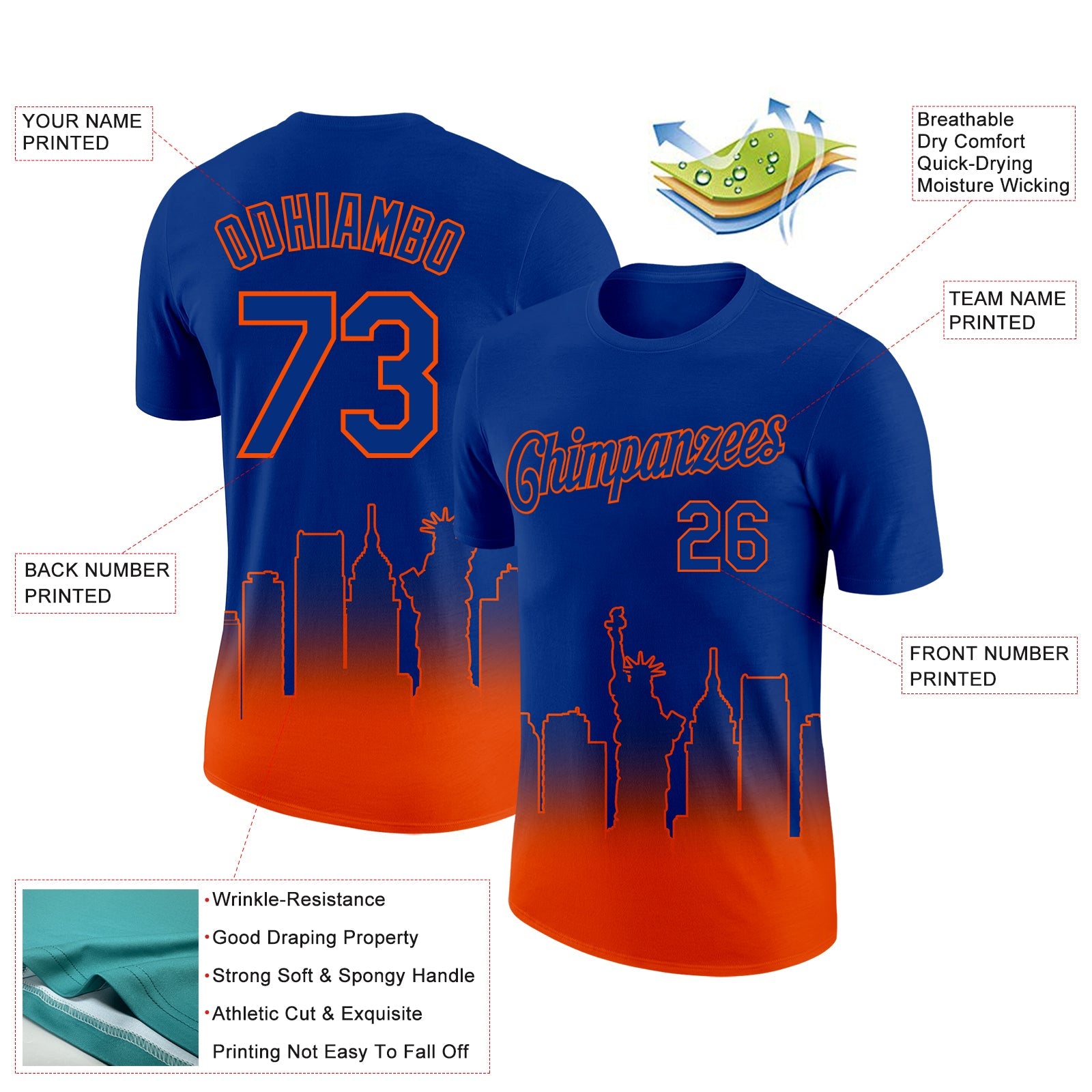 Custom Royal Orange 3D New York City Edition Fade Fashion Performance T-Shirt view 2