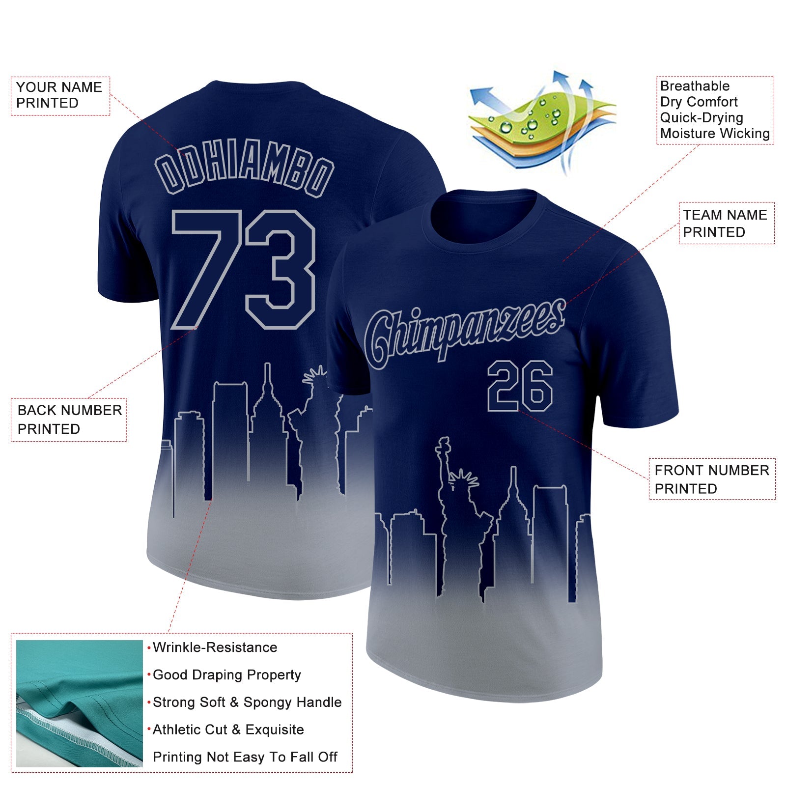 Custom Navy Gray 3D New York City Edition Fade Fashion Performance T-Shirt view 2