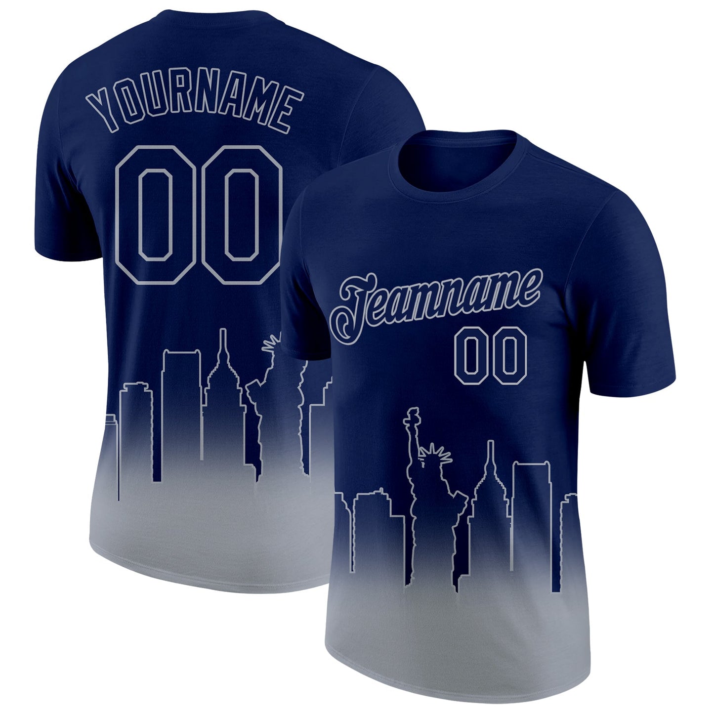 Custom Navy Gray 3D New York City Edition Fade Fashion Performance T-Shirt - Main View