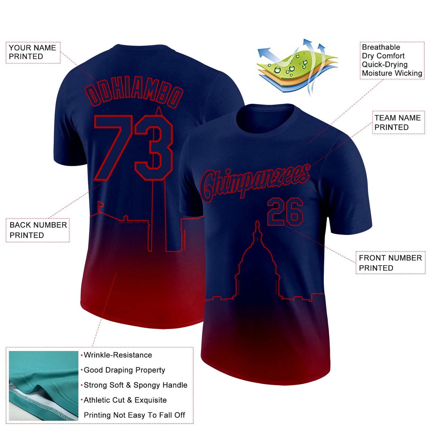 Custom Navy Red 3D Washington City Edition Fade Fashion Performance T-Shirt view 2