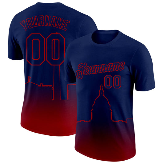 Custom Navy Red 3D Washington City Edition Fade Fashion Performance T-Shirt - Main View