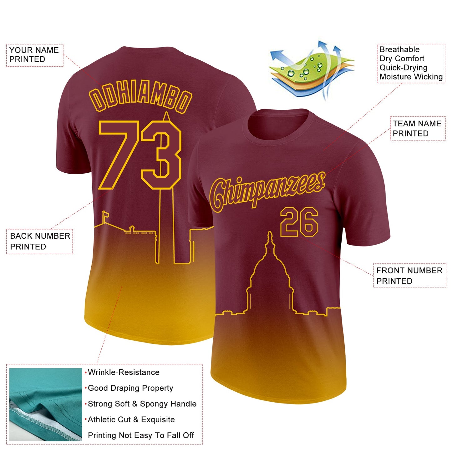 Custom Burgundy Yellow 3D Washington City Edition Fade Fashion Performance T-Shirt view 2