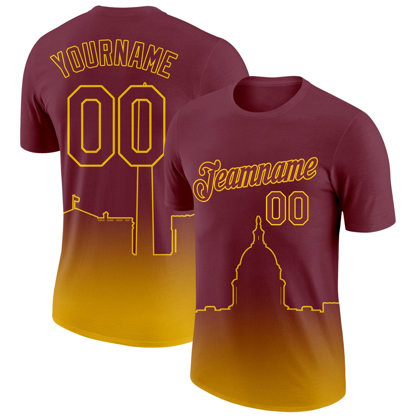 Custom Burgundy Yellow 3D Washington City Edition Fade Fashion Performance T-Shirt - Main View