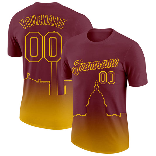 Custom Burgundy Yellow 3D Washington City Edition Fade Fashion Performance T-Shirt - Main View