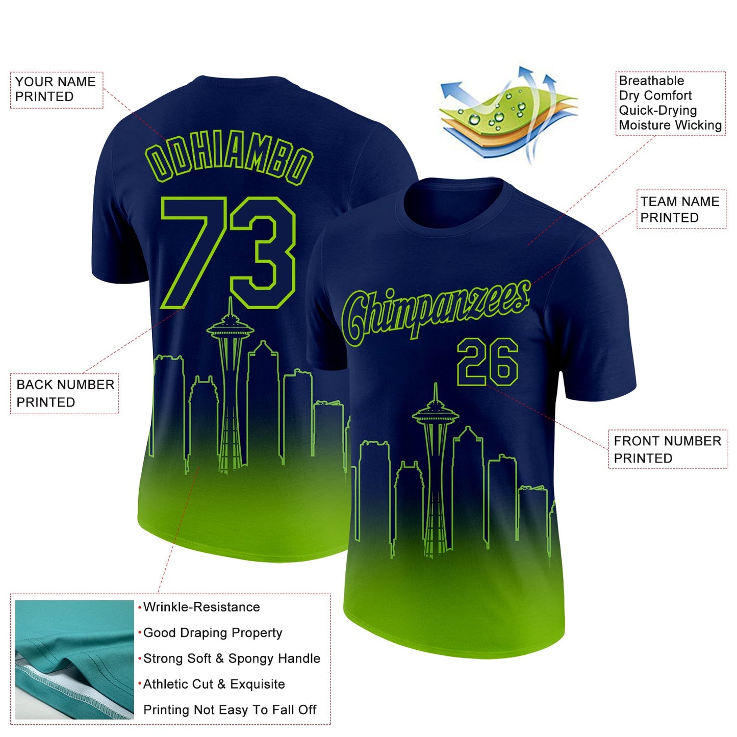 Custom Navy Neon Green 3D Seattle City Edition Fade Fashion Performance T-Shirt view 2