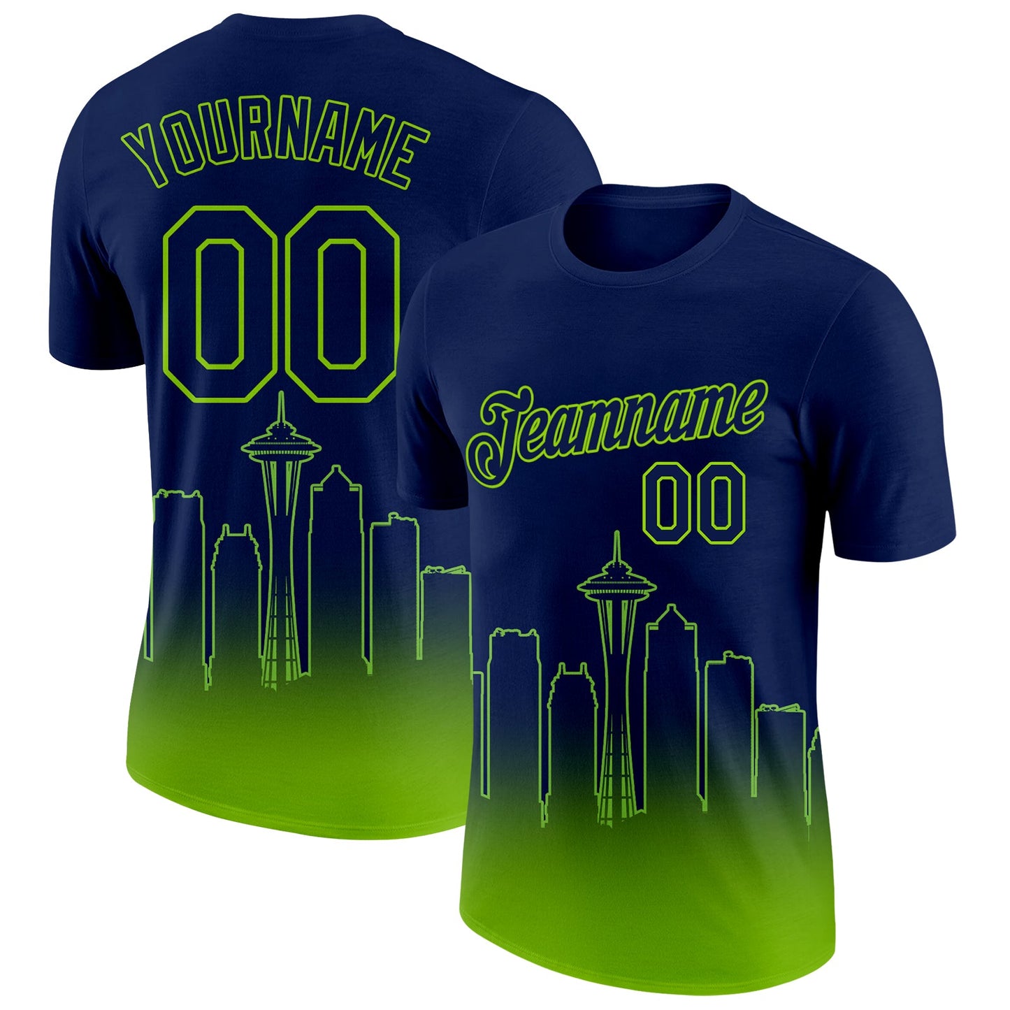 Custom Navy Neon Green 3D Seattle City Edition Fade Fashion Performance T-Shirt - Main View