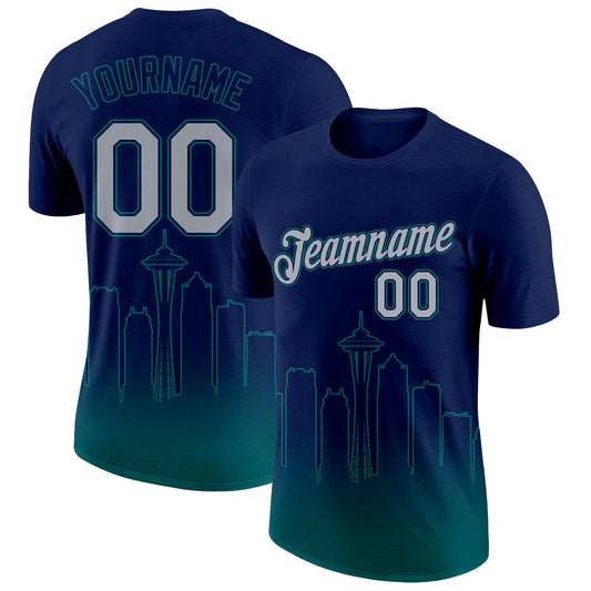 Custom Navy Gray-Teal 3D Seattle City Edition Fade Fashion Performance T-Shirt - Main View