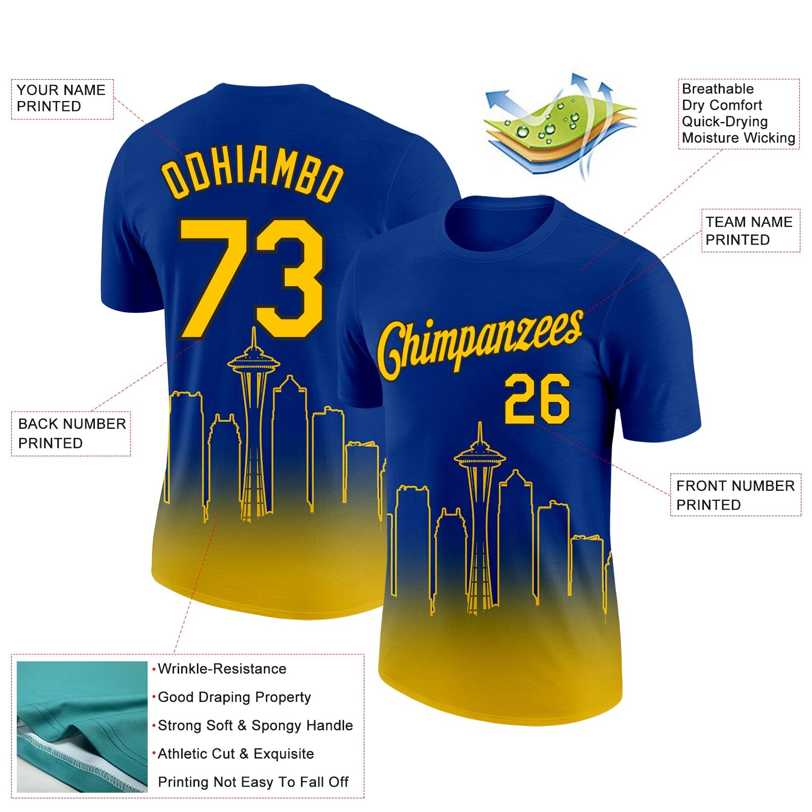 Custom Royal Yellow-Black 3D Seattle City Edition Fade Fashion Performance T-Shirt view 2