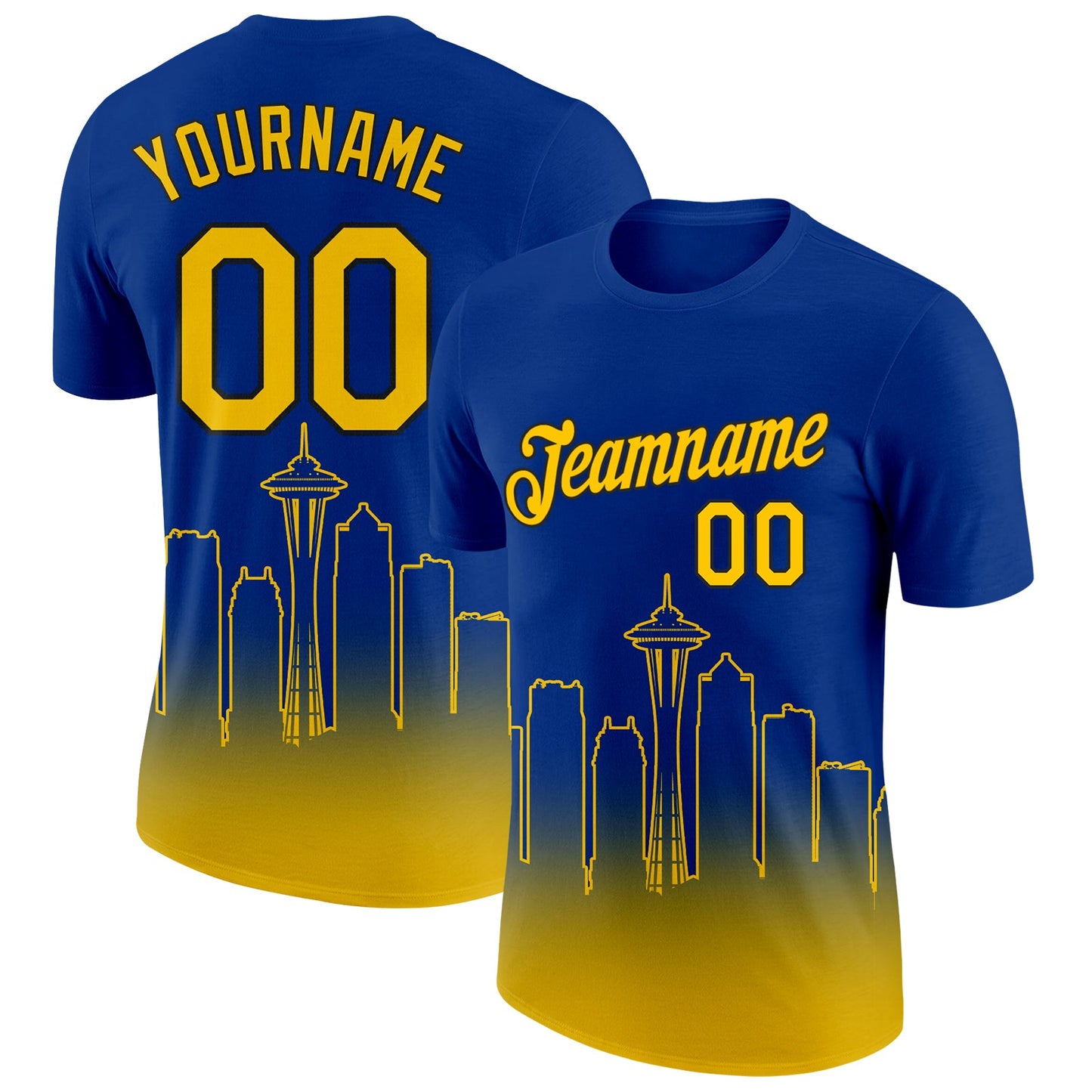 Custom Royal Yellow-Black 3D Seattle City Edition Fade Fashion Performance T-Shirt - Main View