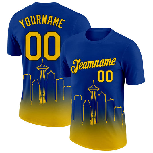 Custom Royal Yellow-Black 3D Seattle City Edition Fade Fashion Performance T-Shirt - Main View