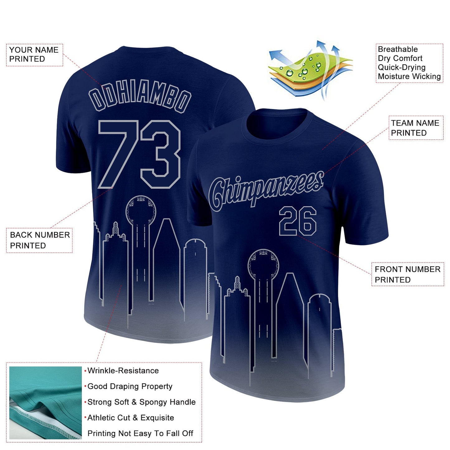 Custom Navy Gray 3D Dallas City Edition Fade Fashion Performance T-Shirt view 2