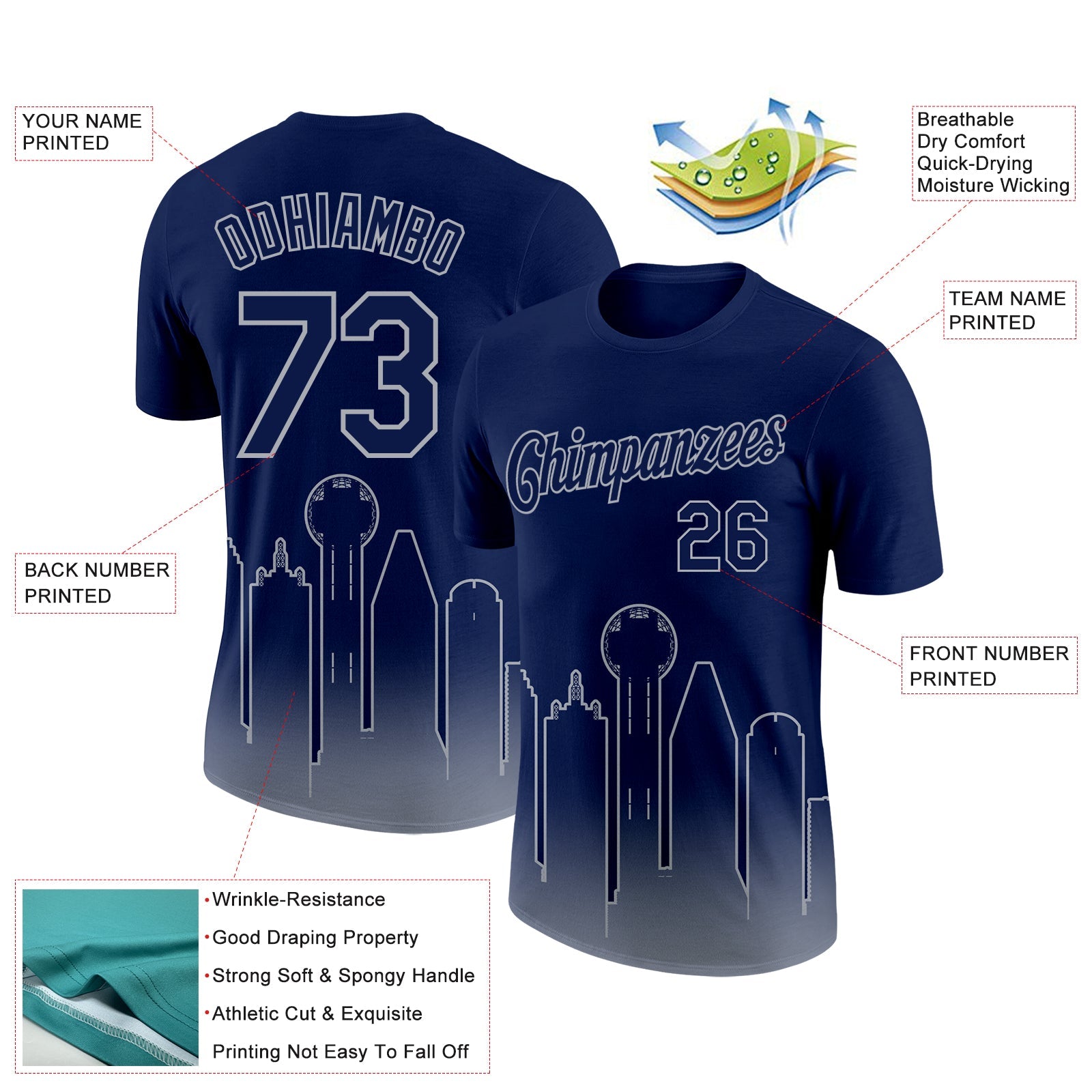 Custom Navy Gray 3D Dallas City Edition Fade Fashion Performance T-Shirt view 2