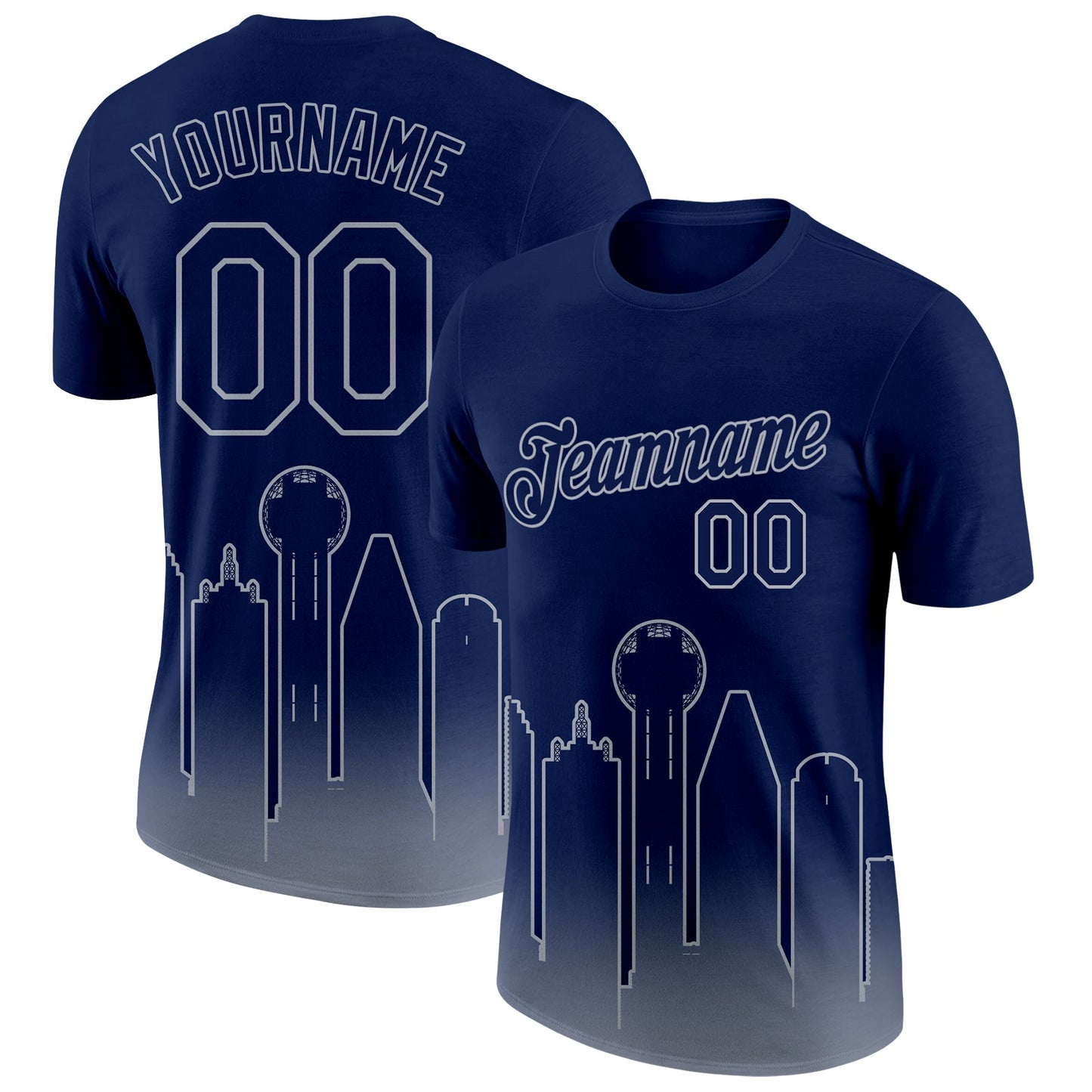 Custom Navy Gray 3D Dallas City Edition Fade Fashion Performance T-Shirt - Main View