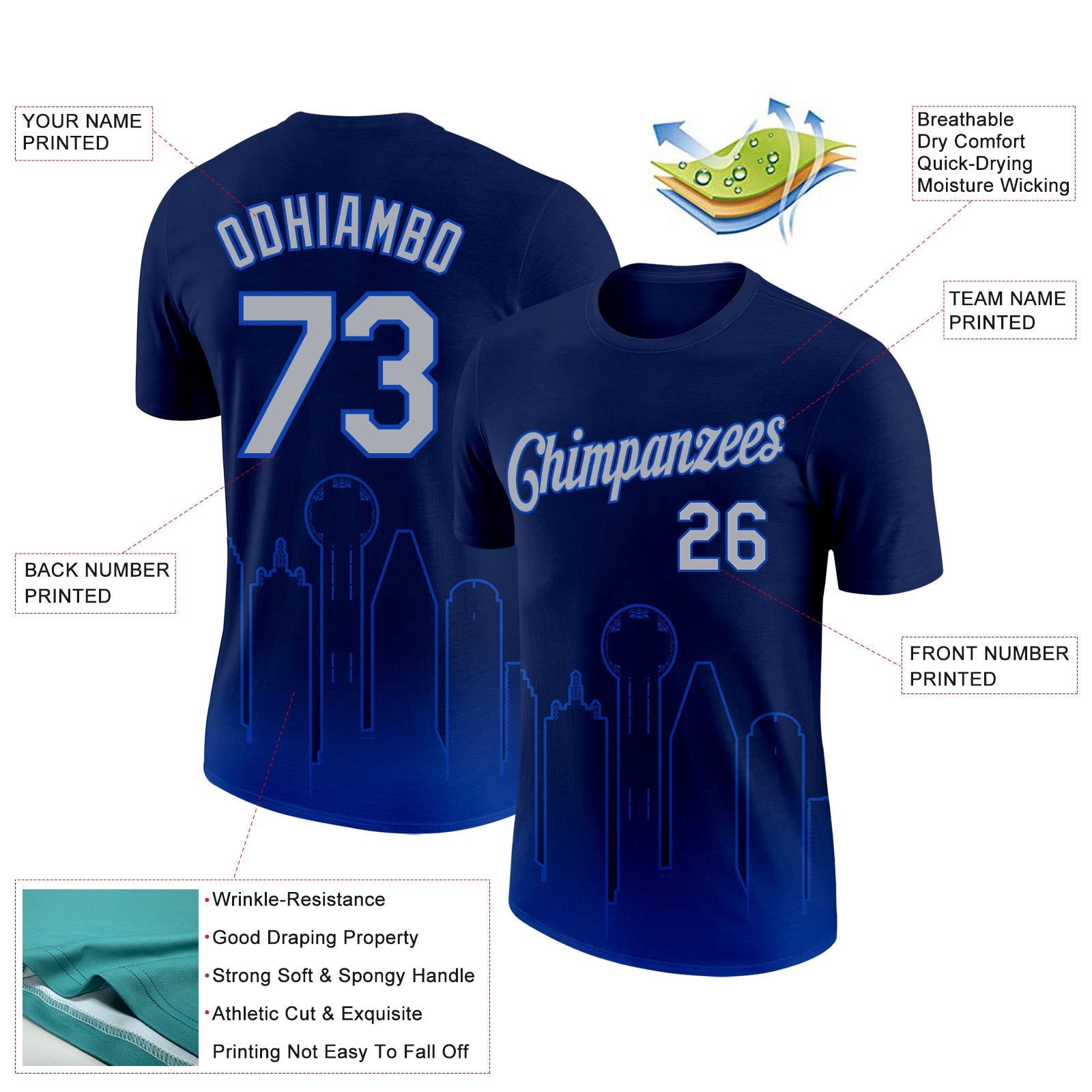 Custom Navy Gray-Thunder Blue 3D Dallas City Edition Fade Fashion Performance T-Shirt view 2