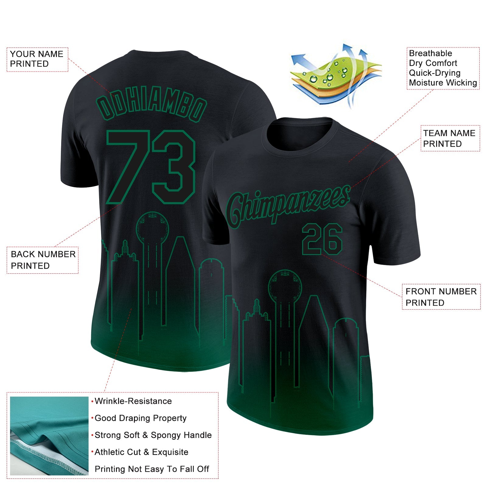 Custom Black Kelly Green 3D Dallas City Edition Fade Fashion Performance T-Shirt view 2
