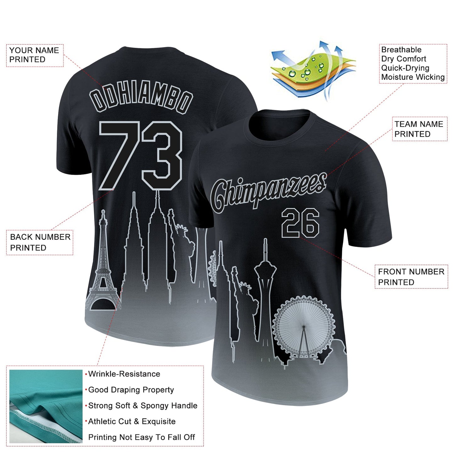 Custom Black Silver 3D Las Vegas City Edition Fade Fashion Performance T-Shirt view 2