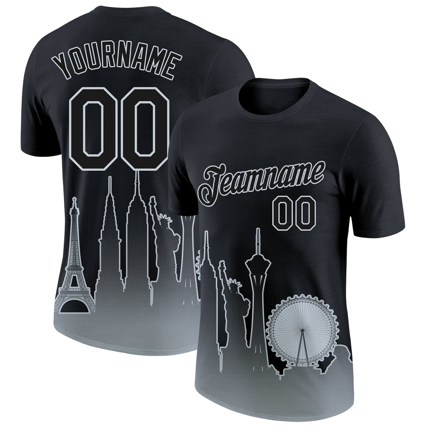 Custom Black Silver 3D Las Vegas City Edition Fade Fashion Performance T-Shirt - Main View