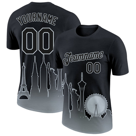 Custom Black Silver 3D Las Vegas City Edition Fade Fashion Performance T-Shirt - Main View