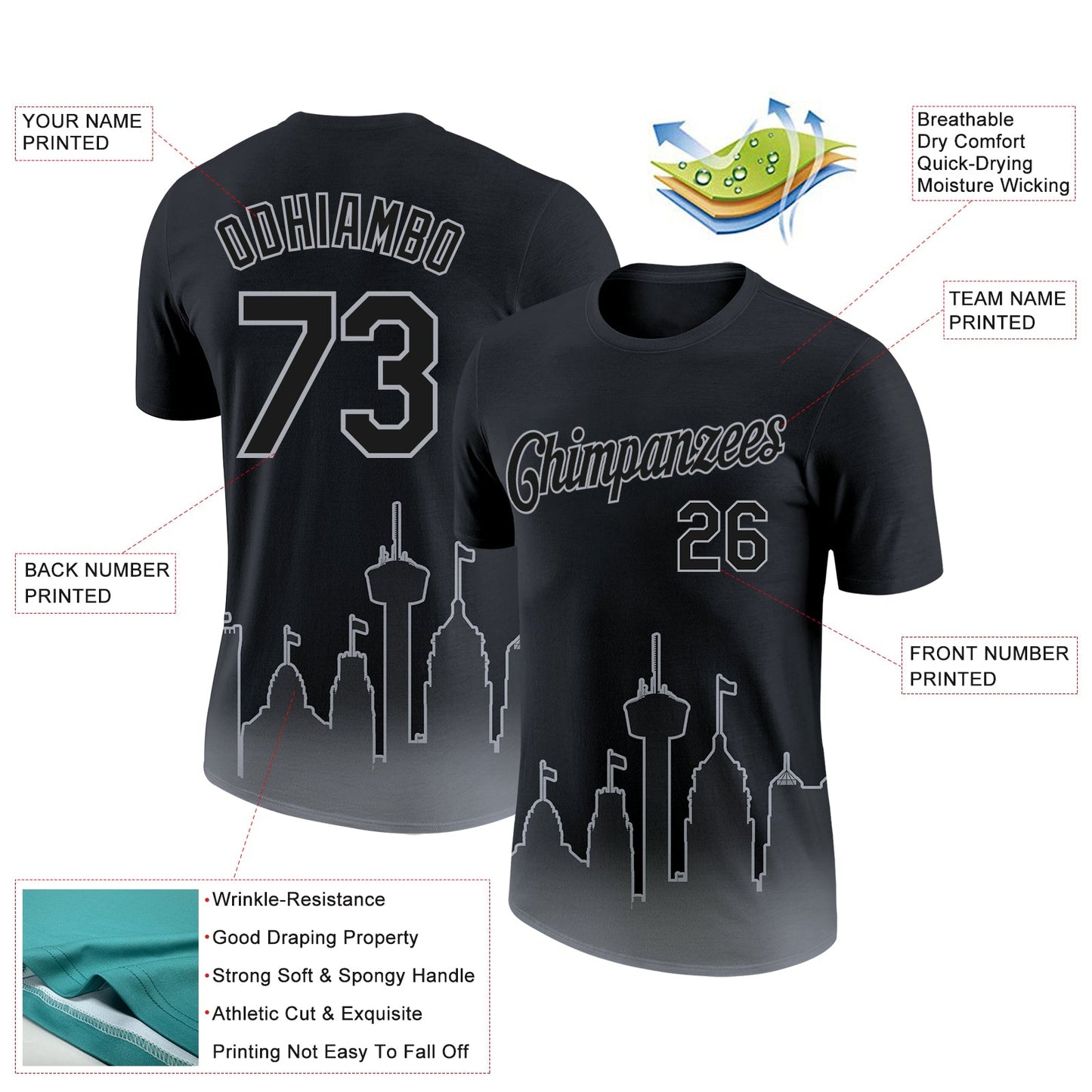 Custom Black Gray 3D San Antonio City Edition Fade Fashion Performance T-Shirt view 2