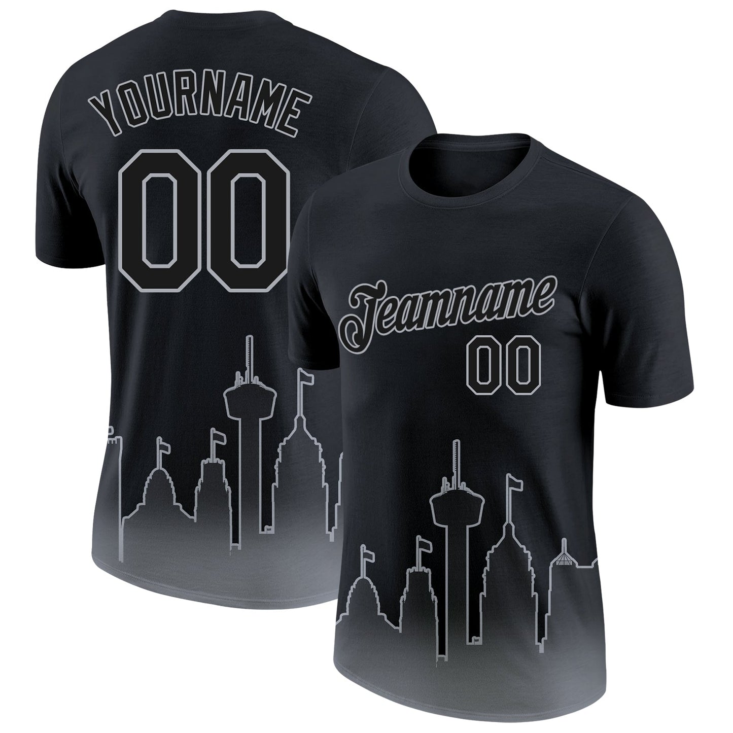 Custom Black Gray 3D San Antonio City Edition Fade Fashion Performance T-Shirt - Main View