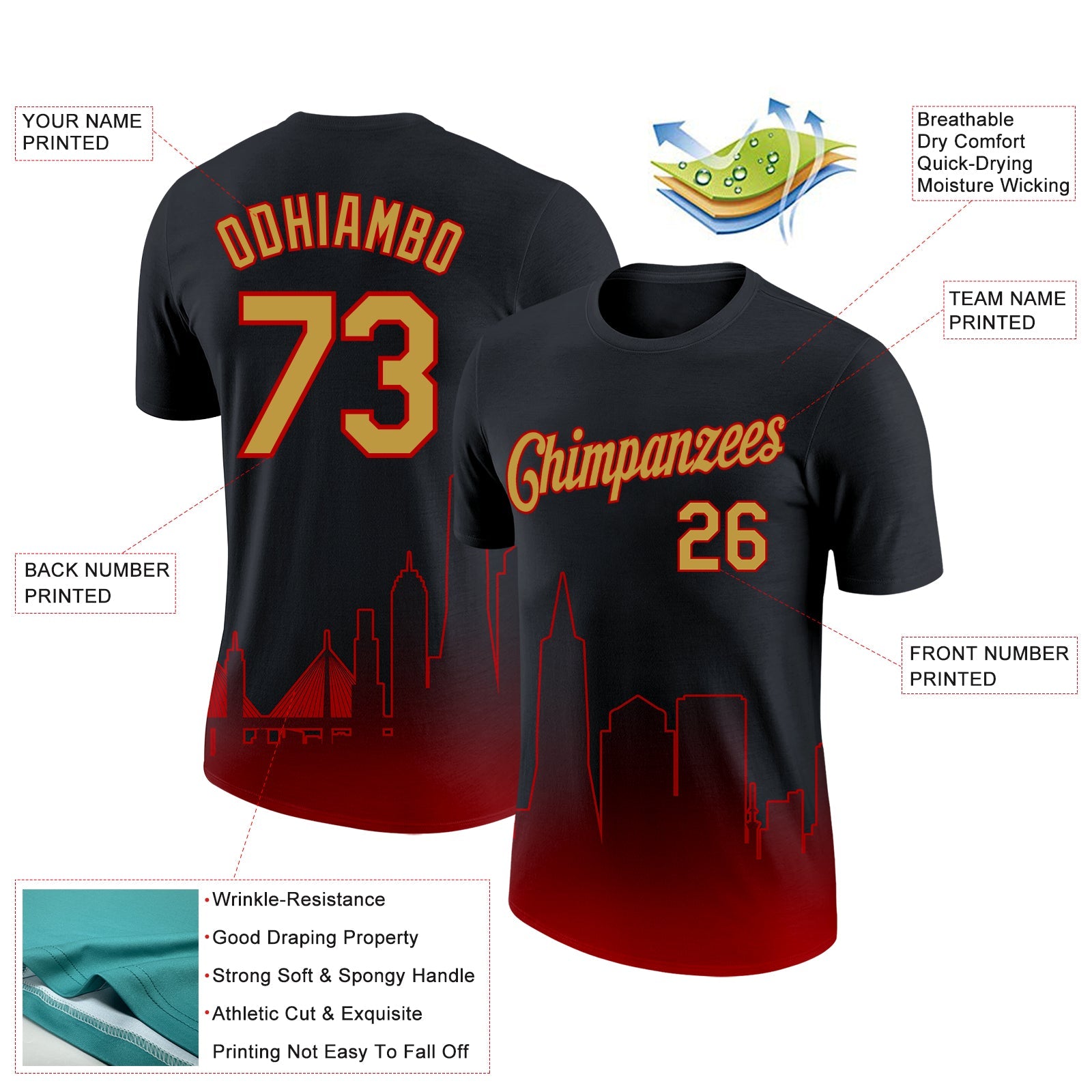 Custom Black Old Gold-Red 3D San Francisco City Edition Fade Fashion Performance T-Shirt view 2