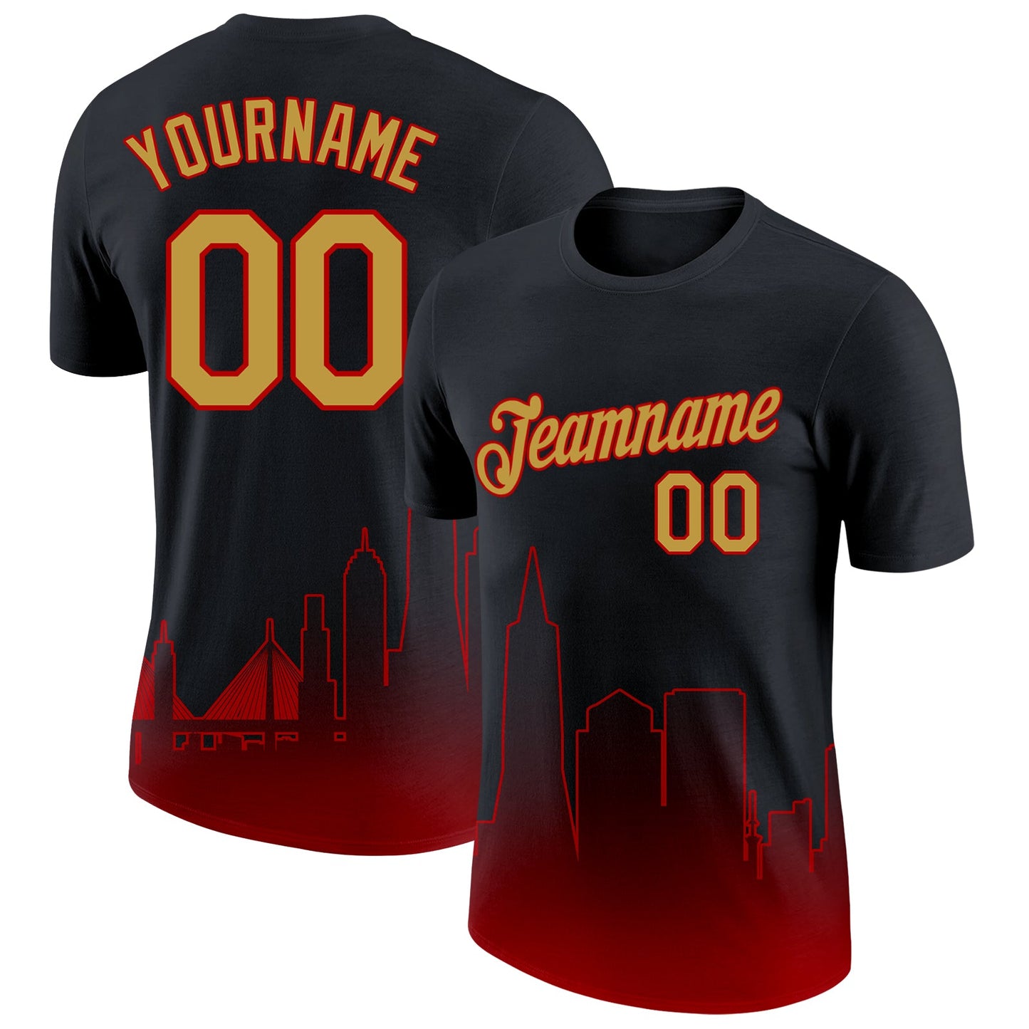 Custom Black Old Gold-Red 3D San Francisco City Edition Fade Fashion Performance T-Shirt - Main View