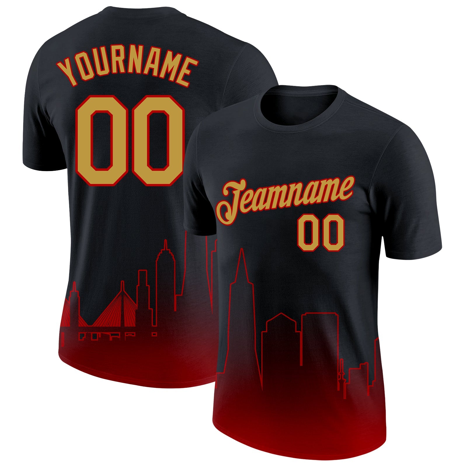 Custom Black Old Gold-Red 3D San Francisco City Edition Fade Fashion Performance T-Shirt - Main View