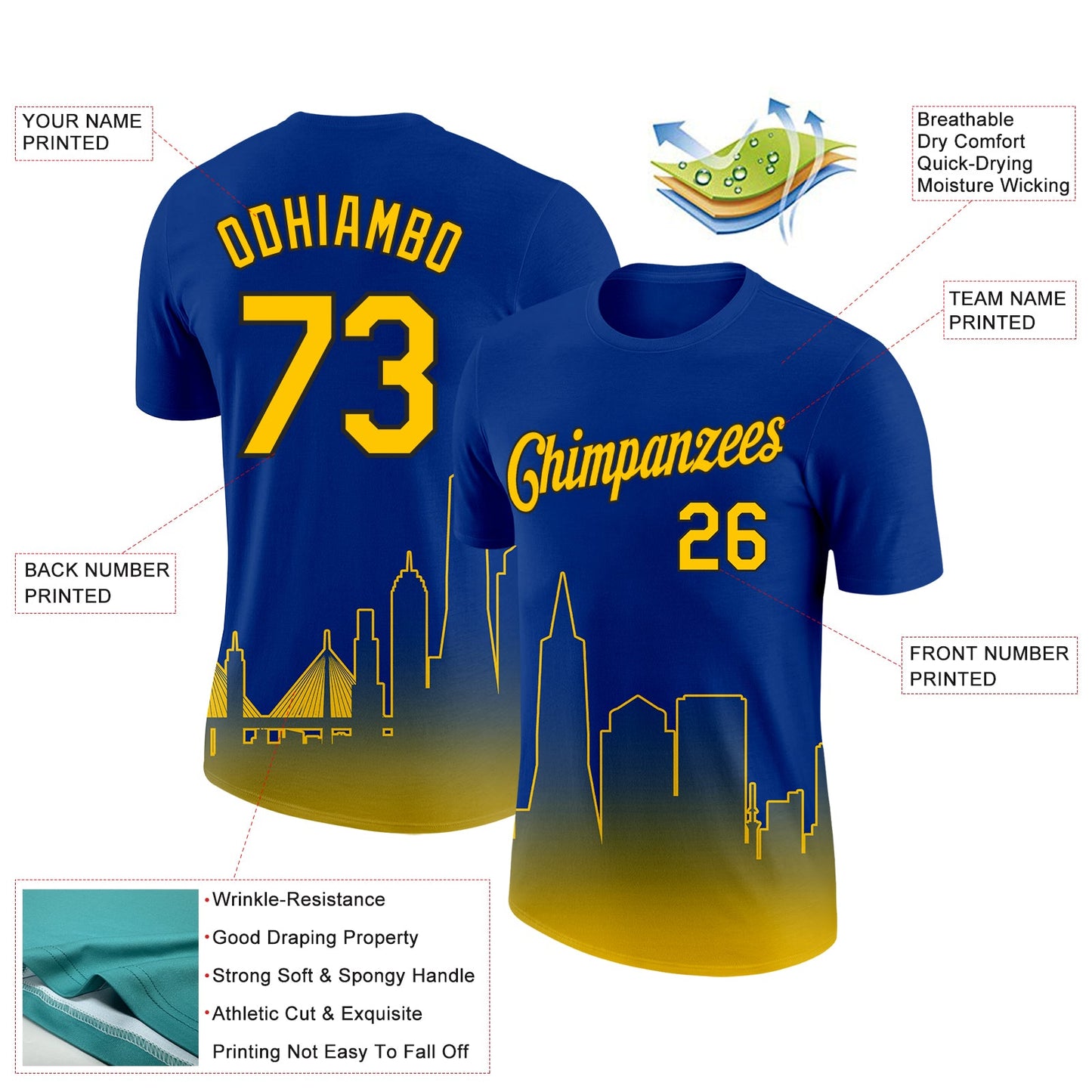 Custom Royal Yellow-Black 3D San Francisco City Edition Fade Fashion Performance T-Shirt view 2