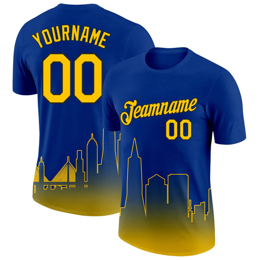 Custom Royal Yellow-Black 3D San Francisco City Edition Fade Fashion Performance T-Shirt - Main View