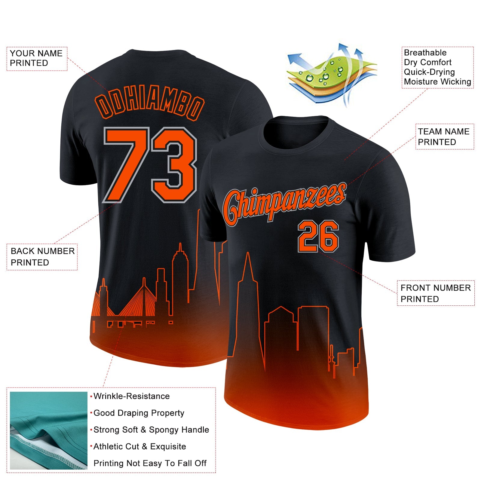 Custom Black Orange-Gray 3D San Francisco City Edition Fade Fashion Performance T-Shirt view 2