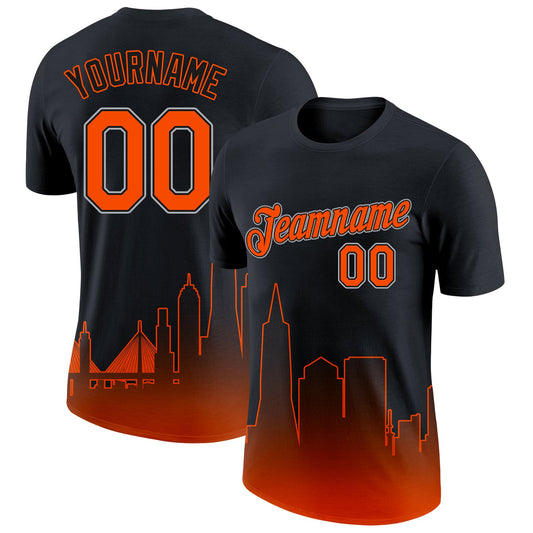 Custom Black Orange-Gray 3D San Francisco City Edition Fade Fashion Performance T-Shirt - Main View