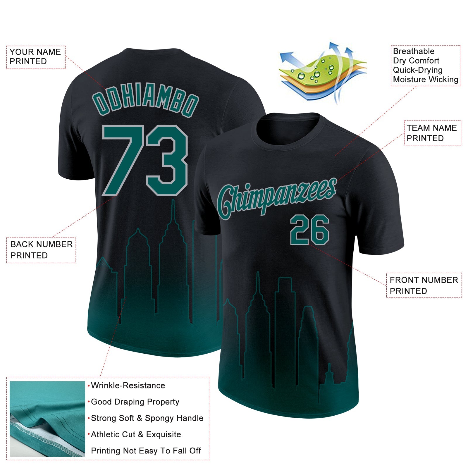 Custom Black Midnight Green-Gray 3D Philadelphia City Edition Fade Fashion Performance T-Shirt view 2