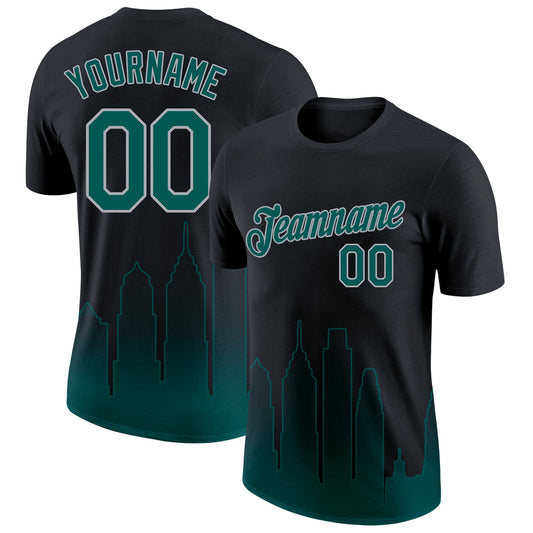Custom Black Midnight Green-Gray 3D Philadelphia City Edition Fade Fashion Performance T-Shirt - Main View