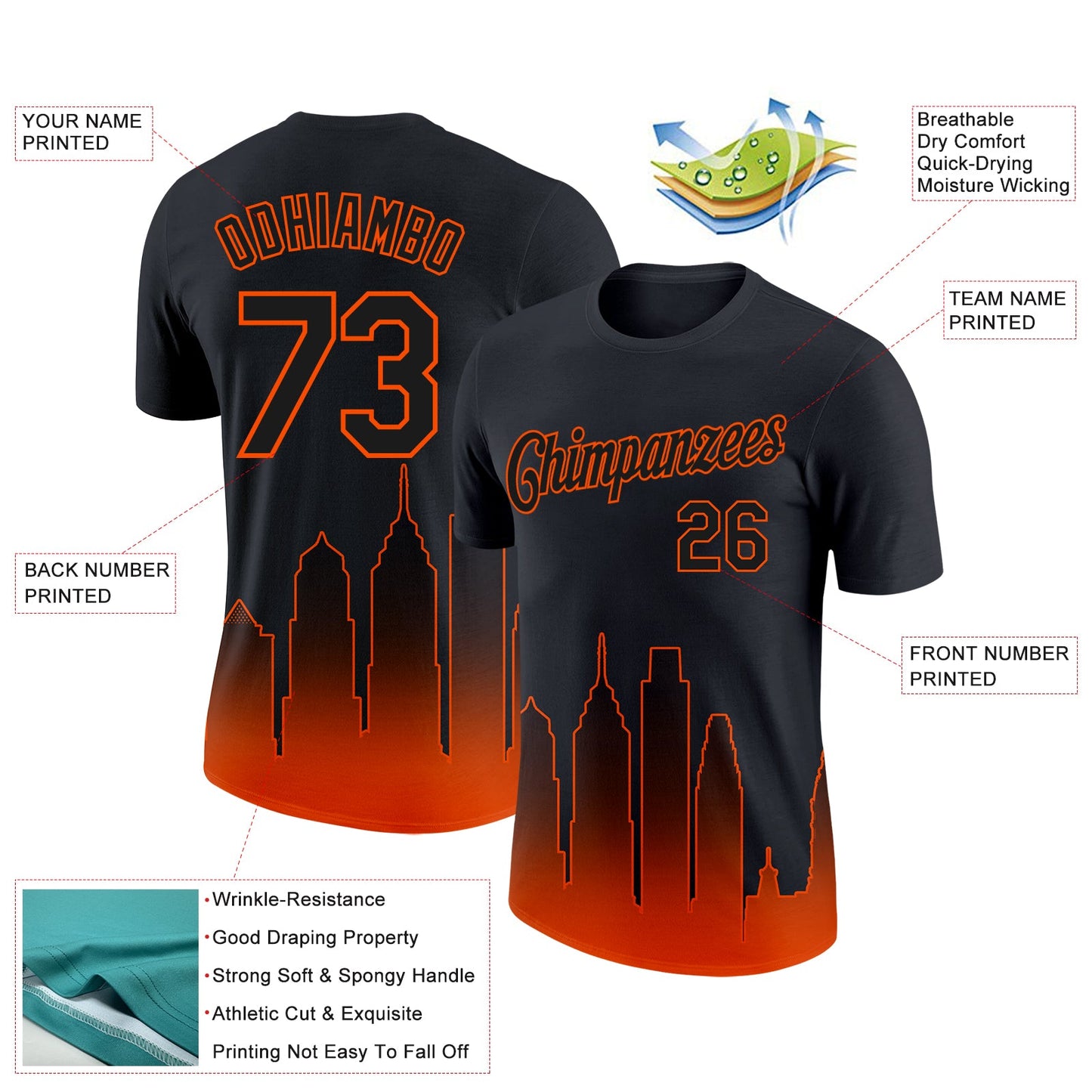 Custom Black Orange 3D Philadelphia City Edition Fade Fashion Performance T-Shirt view 2