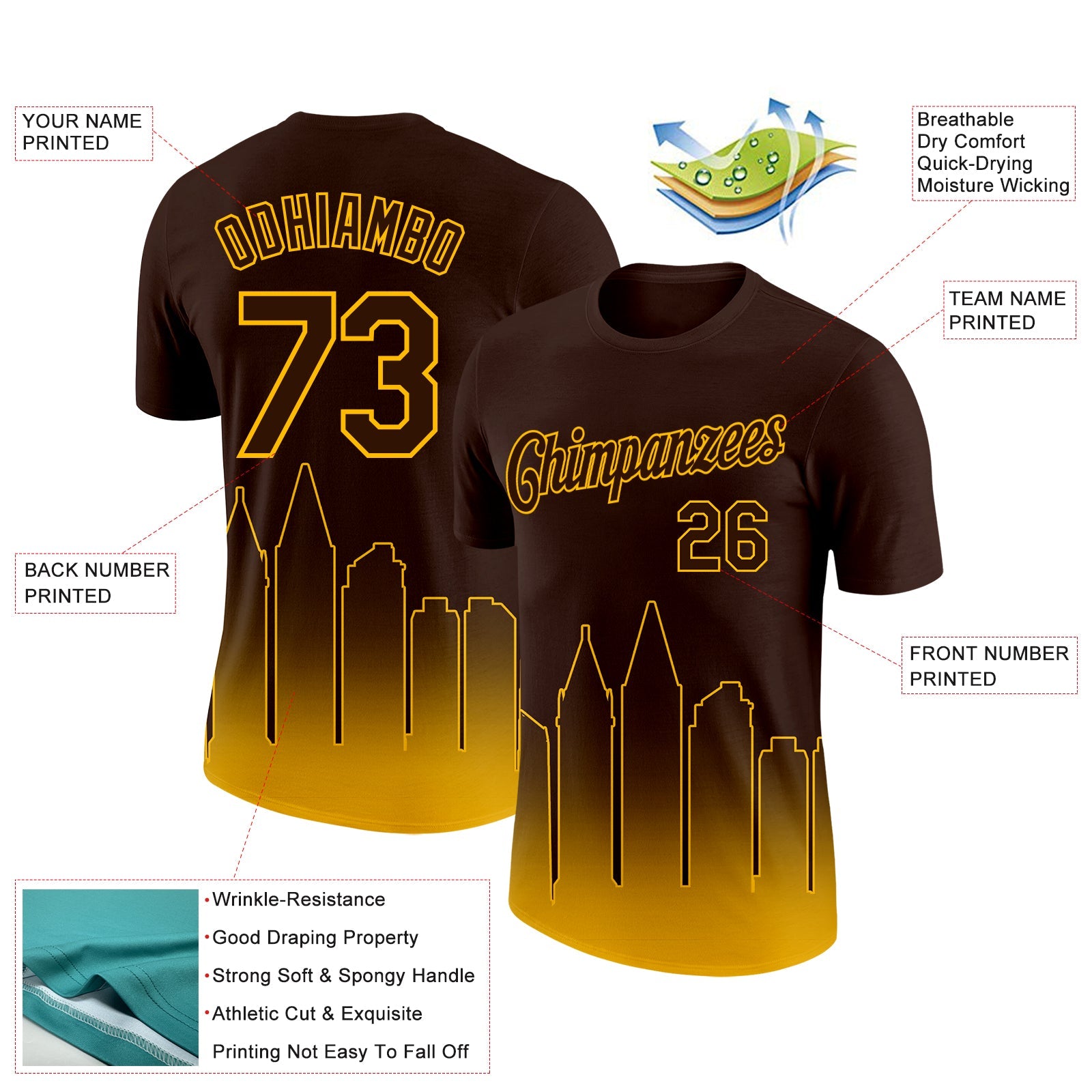 Custom Brown Gold 3D San Diego City Edition Fade Fashion Performance T-Shirt view 2