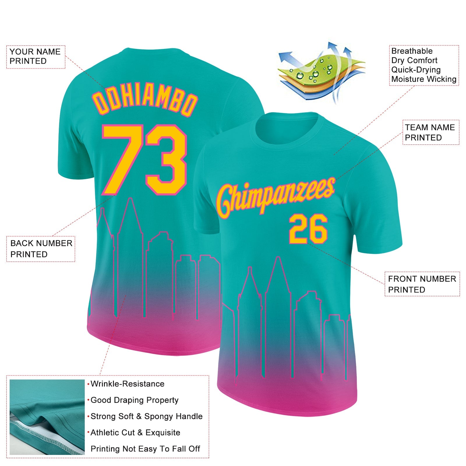 Custom Aqua Yellow-Pink 3D San Diego City Edition Fade Fashion Performance T-Shirt view 2
